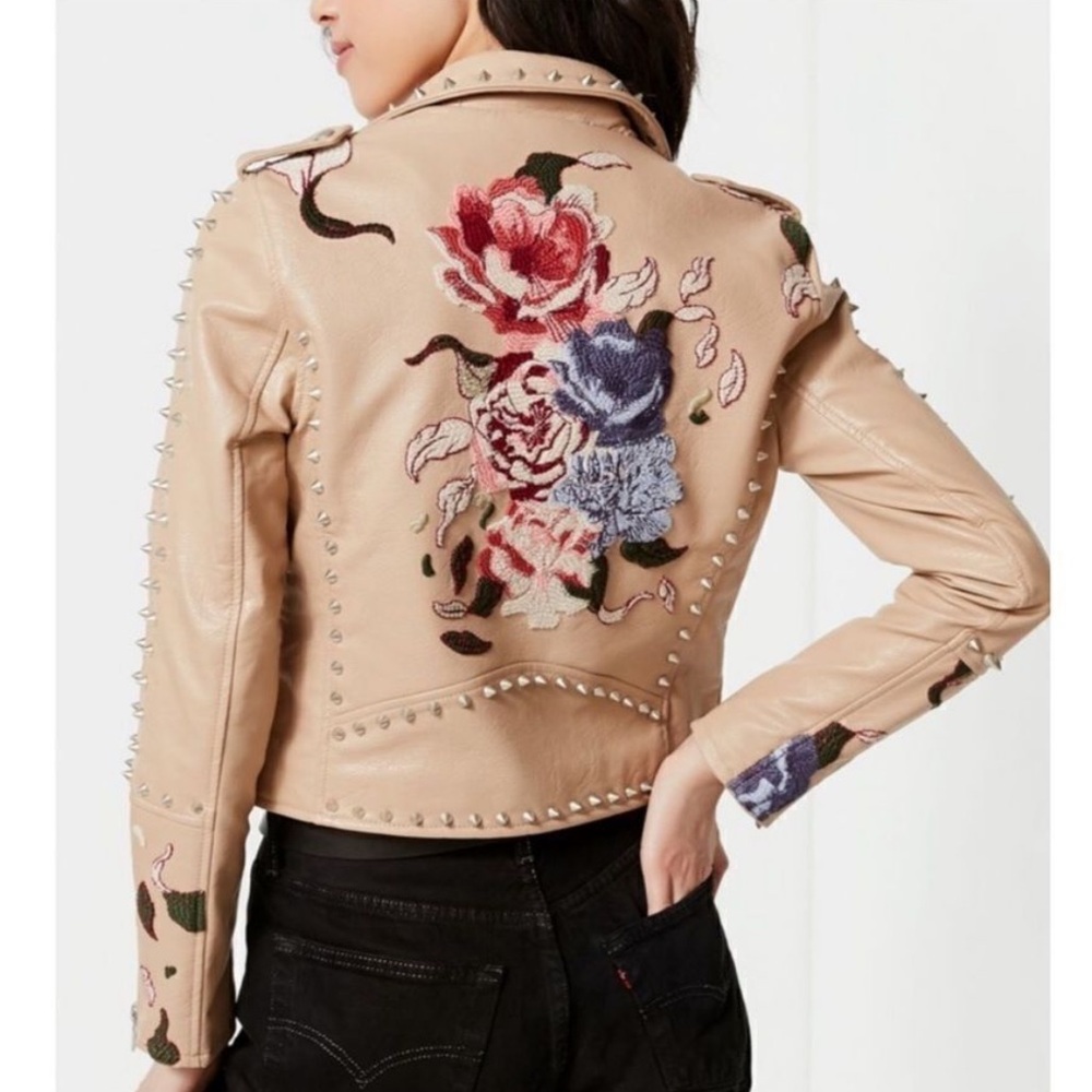 Blank NYC Beige Floral Embroidered Leather Jacket with Studs